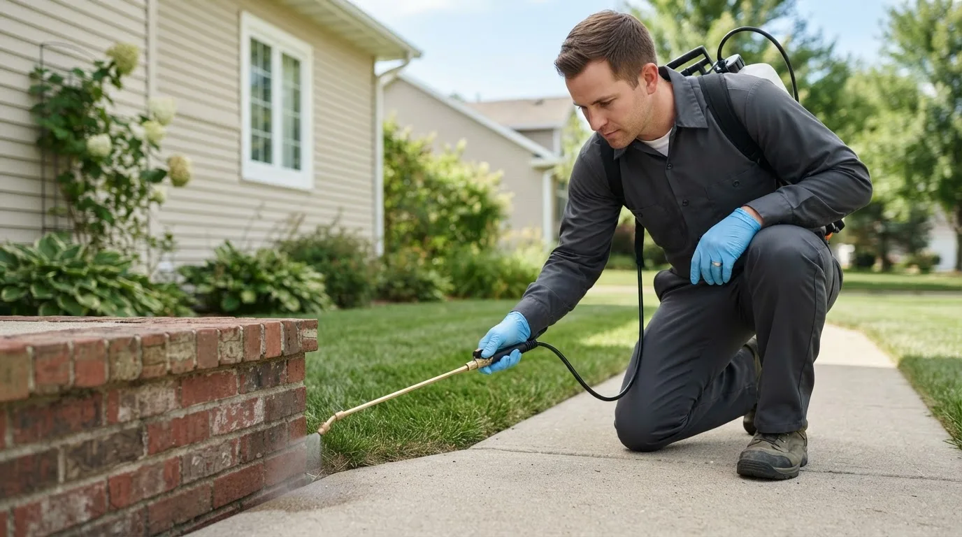 Pest control technician treating a home near Arlington, VT
